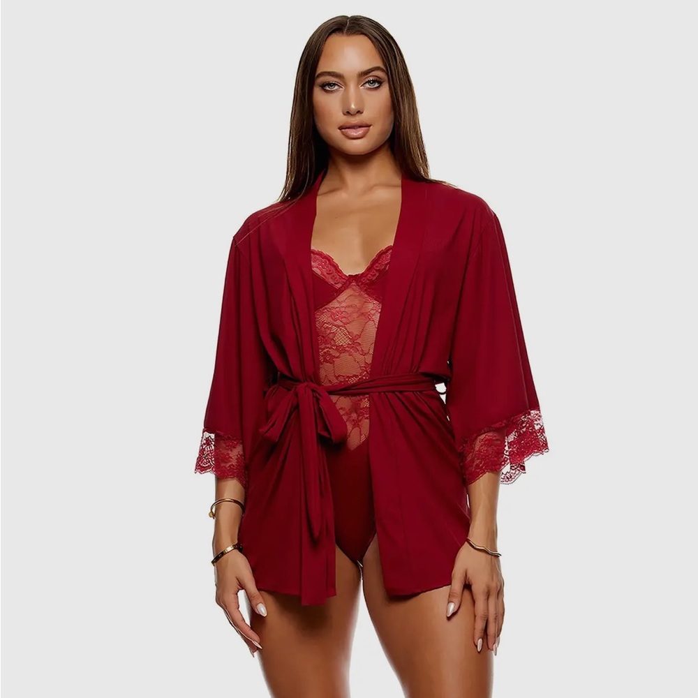 Wine Ribbed Lounge Contrast Lace Trim Robe with Tie Closure